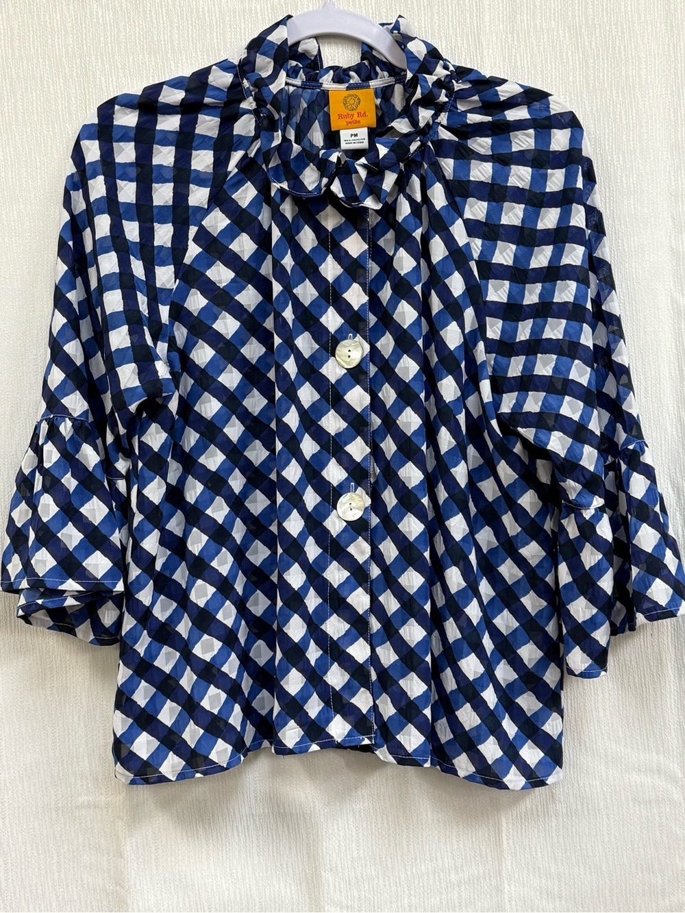 Ruby Rd. Navy and White Gingham Ruffle-Collar Button-Front Blouse